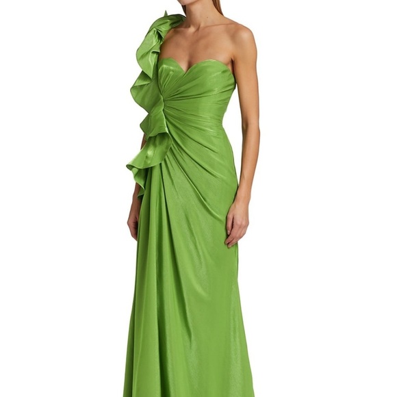 NWT Green Badgley Mischka Botanical Formal One Shoulder Ruffle Gown NEW - Picture 7 of 14